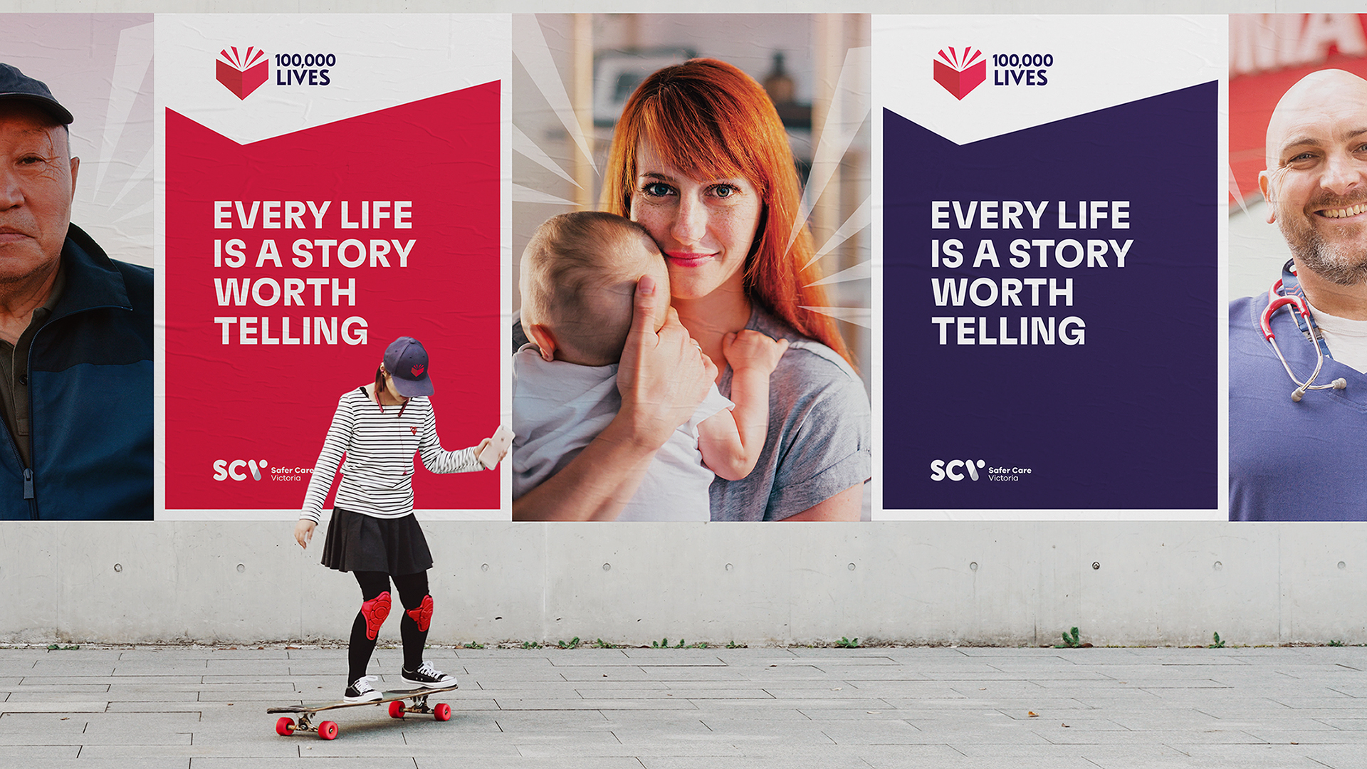 A female is skateboarding past a wall filled with posters with the line 'Every life is a story worth telling'